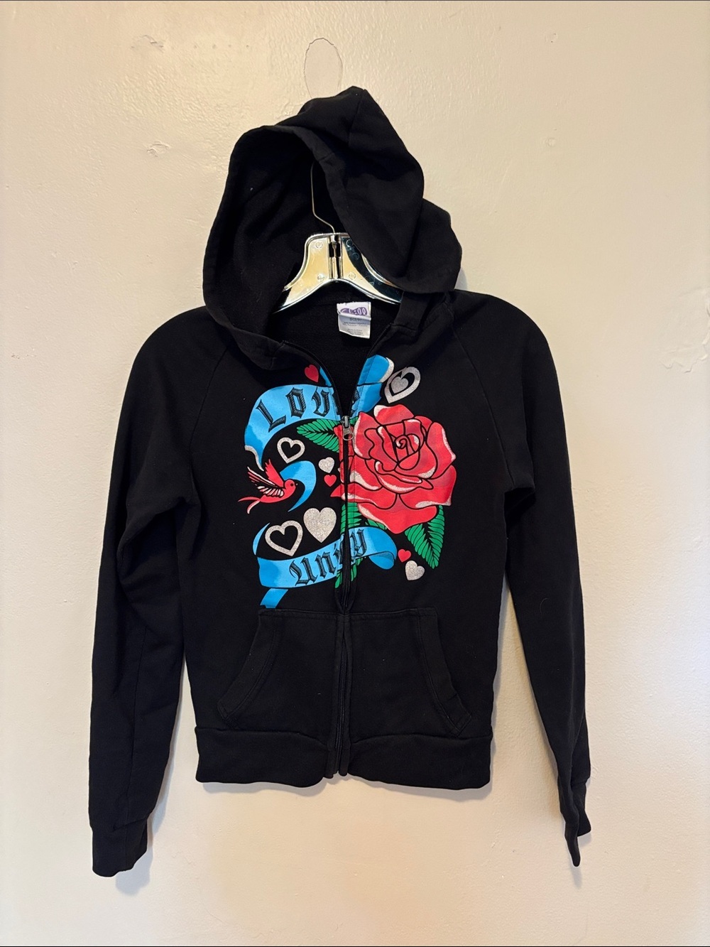 Black Women's Zip-Up Hoodie with Rose & Blue Banner Graphic